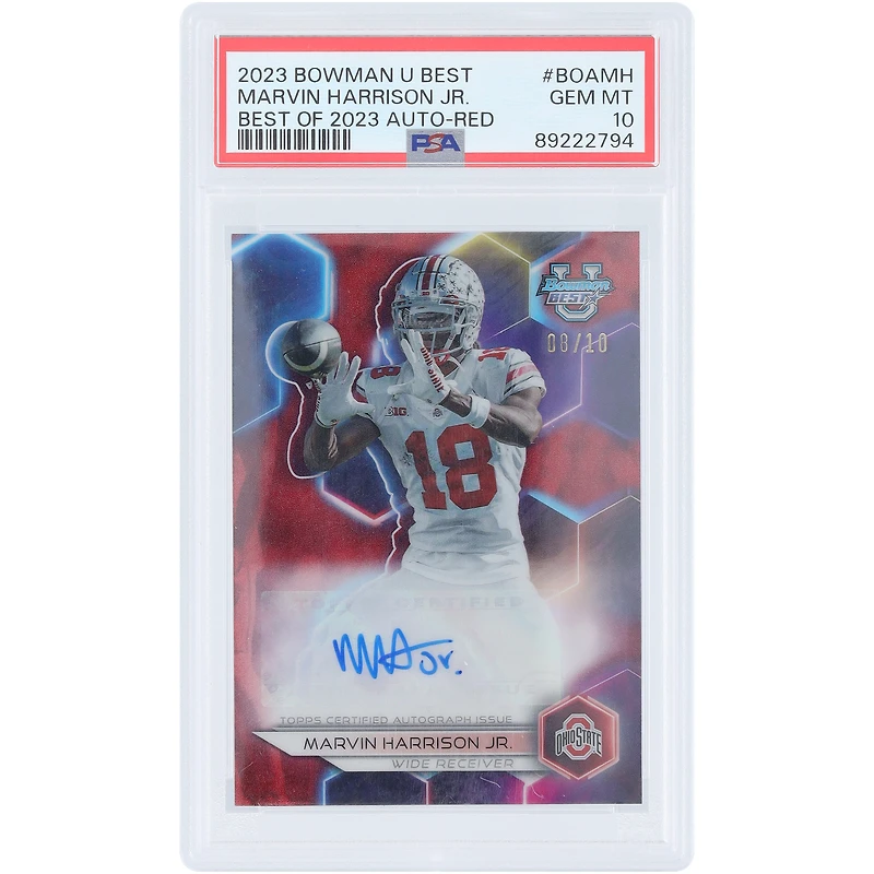 Marvin Harrison Jr. Ohio State Buckeyes Autographed 2023 Bowman Best U Red Refractor #BOA-MH #8/10 PSA Authenticated 10 Card