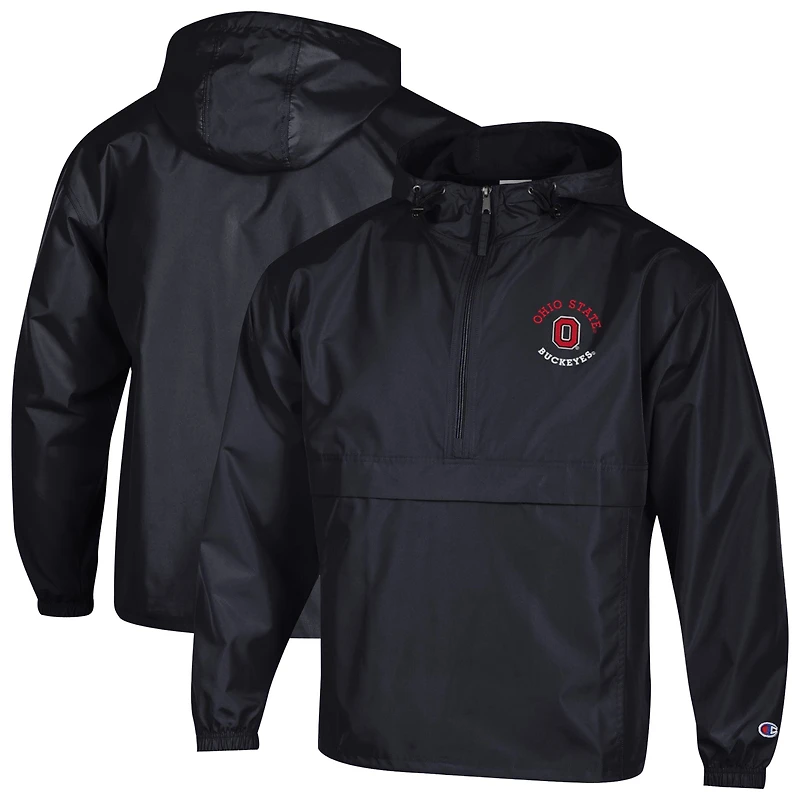 Men's Champion Black Ohio State Buckeyes Packable Hooded Windbreaker Half-Zip Jacket