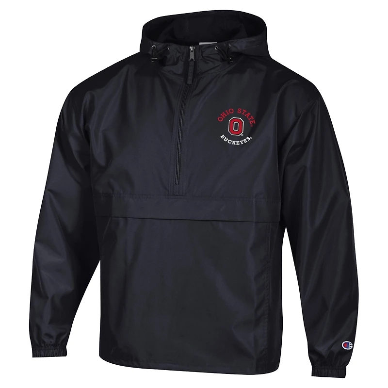 Veste coupe-vent à capuche demi-zip pliable Champion pour homme, noire, Ohio State Buckeyes