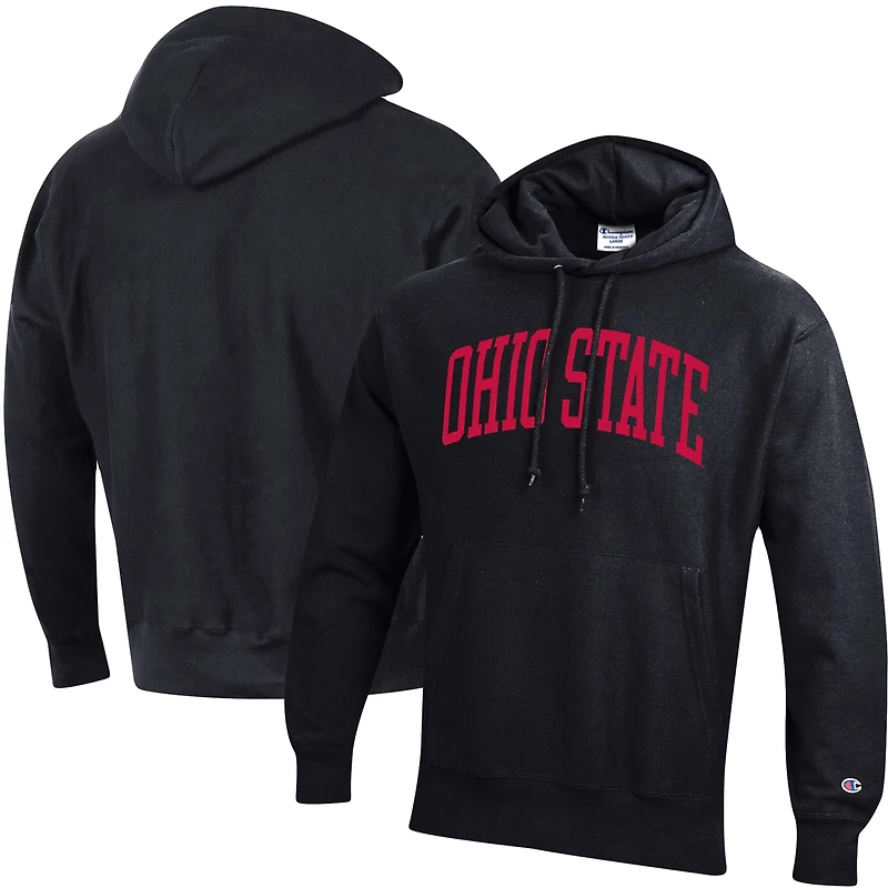 Men's Champion Black Ohio State Buckeyes Team Arch Reverse Weave Relaxed Fit Pullover Hoodie