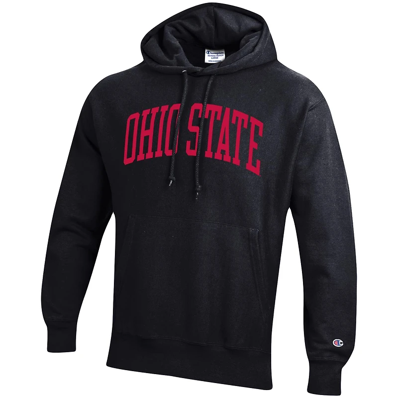 Men's Champion Black Ohio State Buckeyes Team Arch Reverse Weave Relaxed Fit Pullover Hoodie