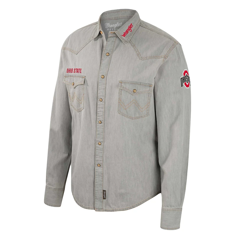 Chemise à manches longues Colosseum x Wrangler gris Ohio State Buckeyes coupe cowboy Western boutons-pression pour hommes