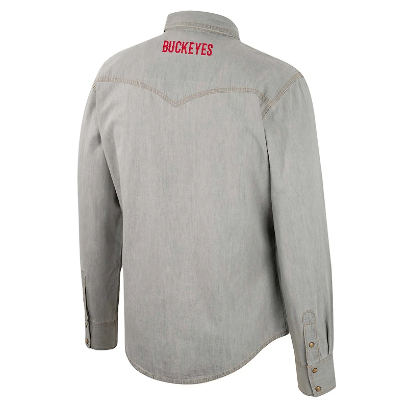 Chemise à manches longues Colosseum x Wrangler gris Ohio State Buckeyes coupe cowboy Western boutons-pression pour hommes