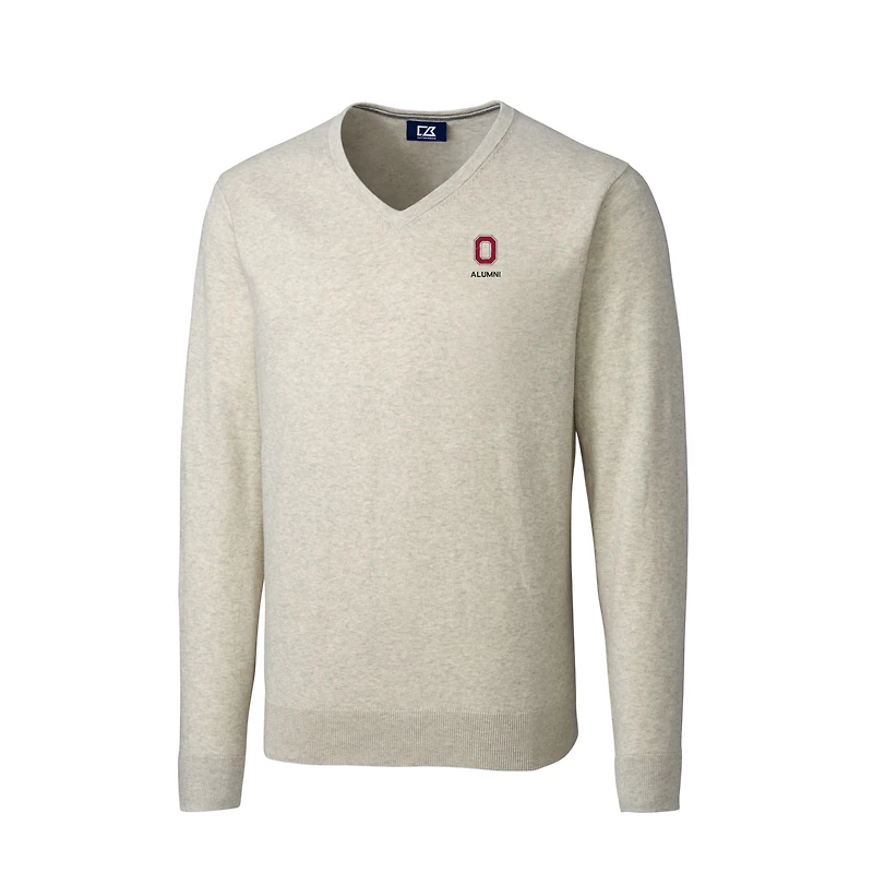 Pull-over à col en V mélange de trois matières, couleur avoine, la marque Cutter & Buck, avec logo des anciens élèves Ohio State Buckeyes.