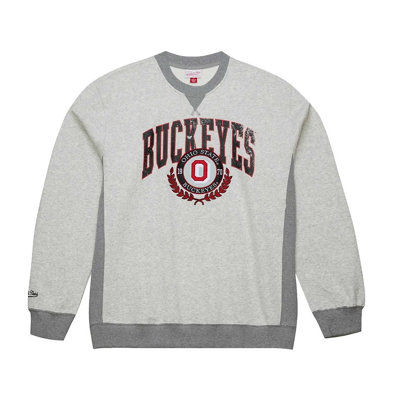 Men's Mitchell & Ness Heather Gray Ohio State Buckeyes Arched Fleece Crewneck Pullover Sweatshirt
