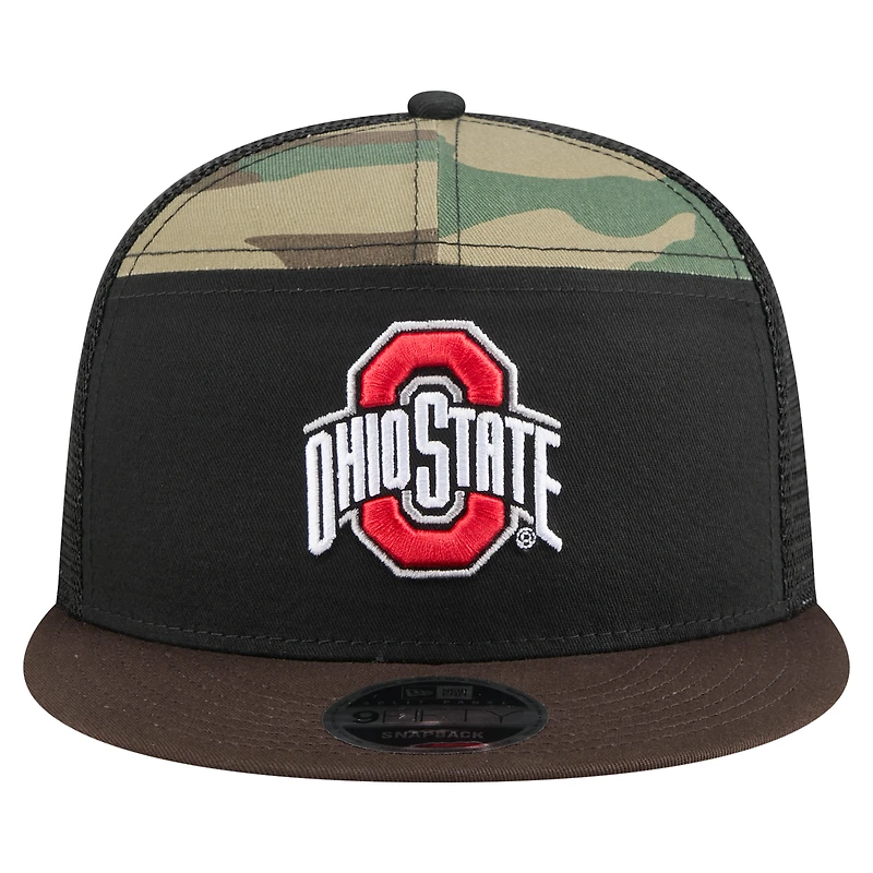 Casquette de camionneur à large panneau New Era 9FIFTY Snapback camouflage/noir pour homme des Ohio State Buckeyes