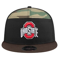 Casquette de camionneur à large panneau New Era 9FIFTY Snapback camouflage/noir pour homme des Ohio State Buckeyes