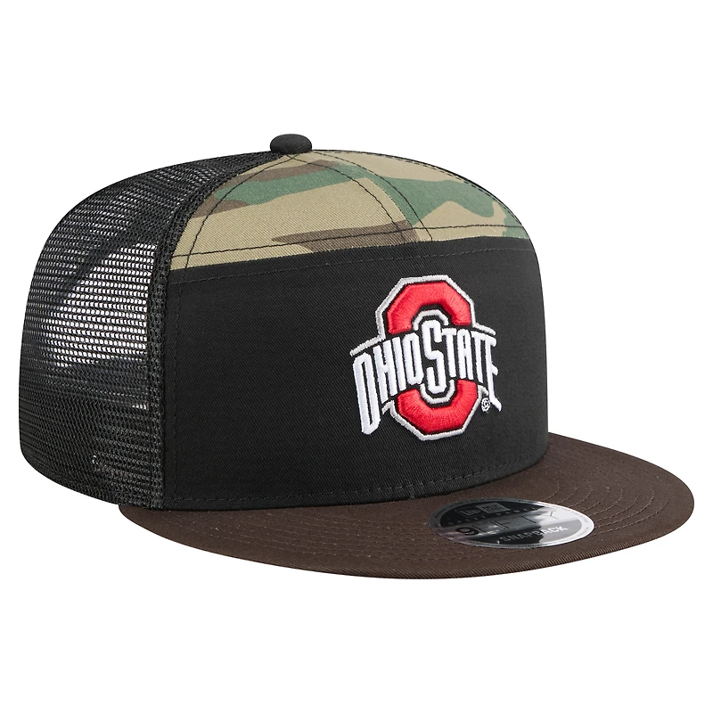 Casquette de camionneur à large panneau New Era 9FIFTY Snapback camouflage/noir pour homme des Ohio State Buckeyes