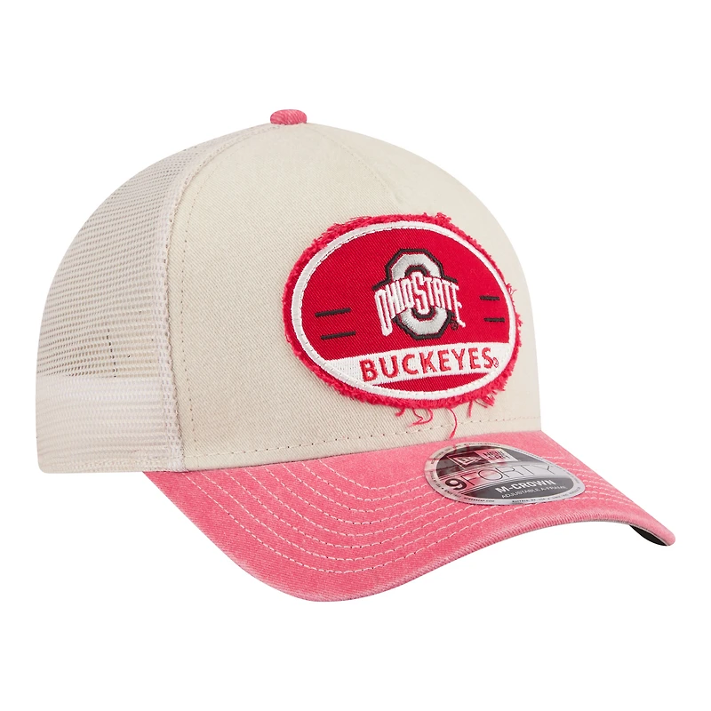 Casquette trucker ajustable New Era Stone/Scarlet Ohio State Buckeyes à écusson effiloché 9FORTY M-Crown A-Frame pour homme