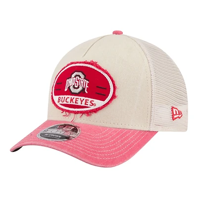 Casquette trucker ajustable New Era Stone/Scarlet Ohio State Buckeyes à écusson effiloché 9FORTY M-Crown A-Frame pour homme