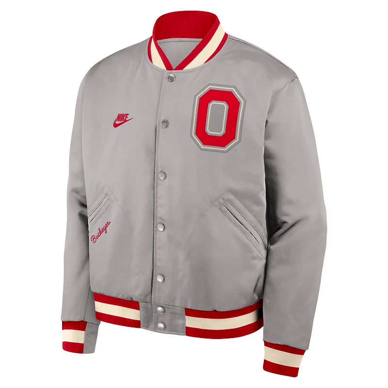 Veste aviateur Nike grise à boutons-pression pour homme Ohio State Buckeyes Legacy