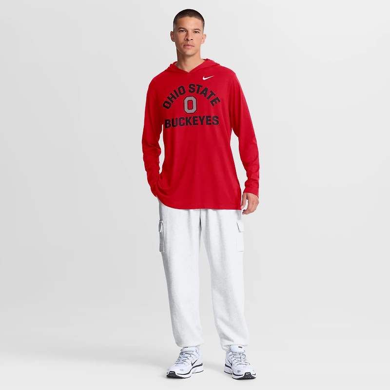 Men's Nike Scarlet Ohio State Buckeyes Primetime Arch Tri-Blend Dri-FIT Long Sleeve Hooded T-Shirt