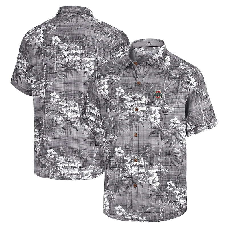 Men's Tommy Bahama Black Ohio State Buckeyes Coconut Point Palmetta IslandZone Camp Button-Up Shirt