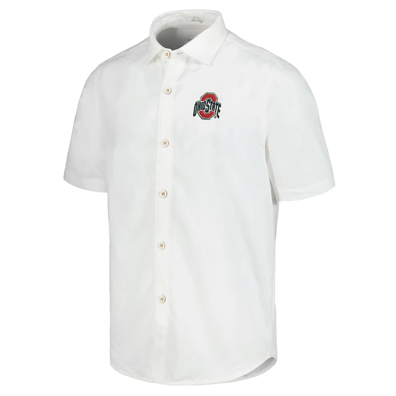 Men's Tommy Bahama White Ohio State Buckeyes Coconut Point Palm Vista IslandZone Camp Button-Up Shirt