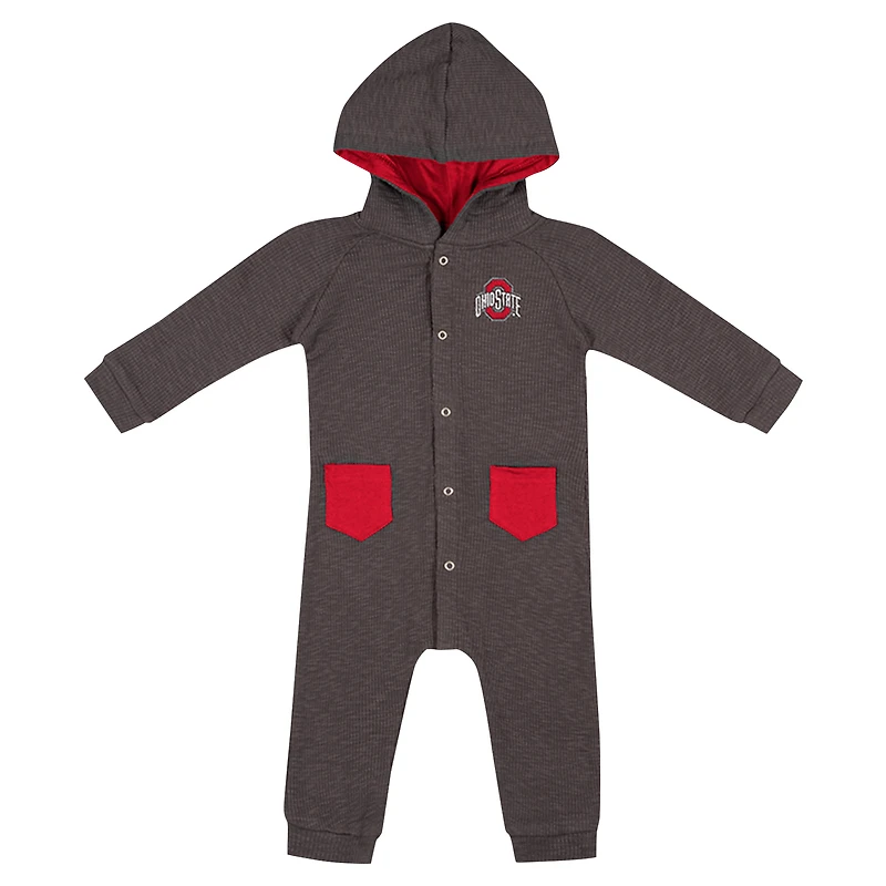 Newborn & Infant Colosseum Charcoal Ohio State Buckeyes Zando-Zan Waffle Full-Snap Hooded Romper