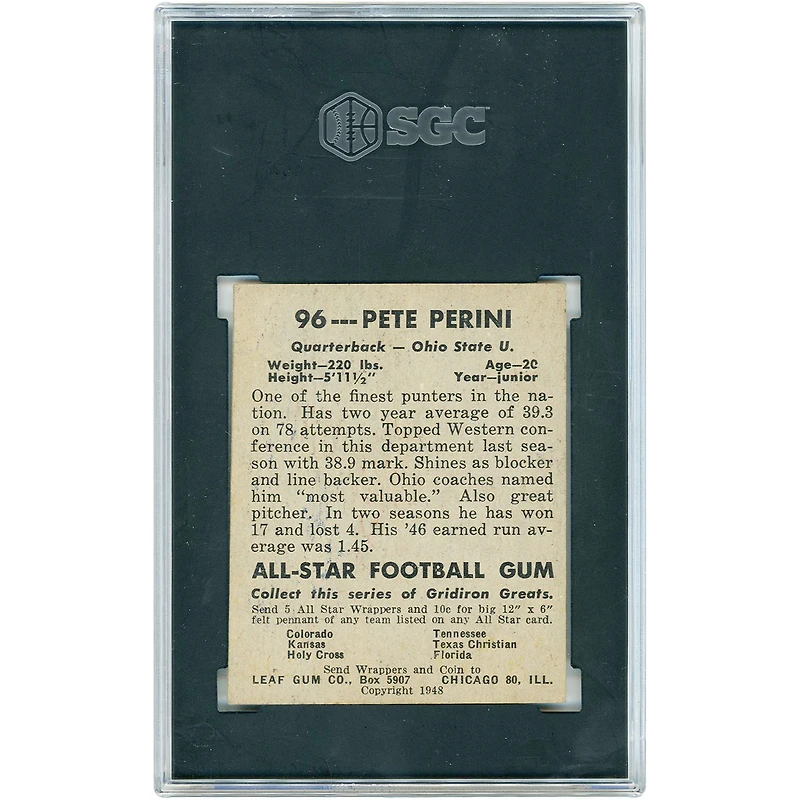 Pete Perini Ohio State Buckeyes 1948 Leaf Gum Co. #96 SGC Authenticated 4 Card