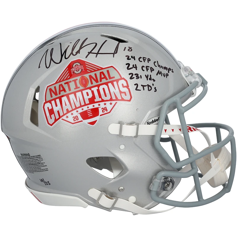 Will Howard Ohio State Buckeyes Autographed 2024 College Football Playoff National Champions Logo Riddell Speed Authentic Helmet with Multiple Inscriptions