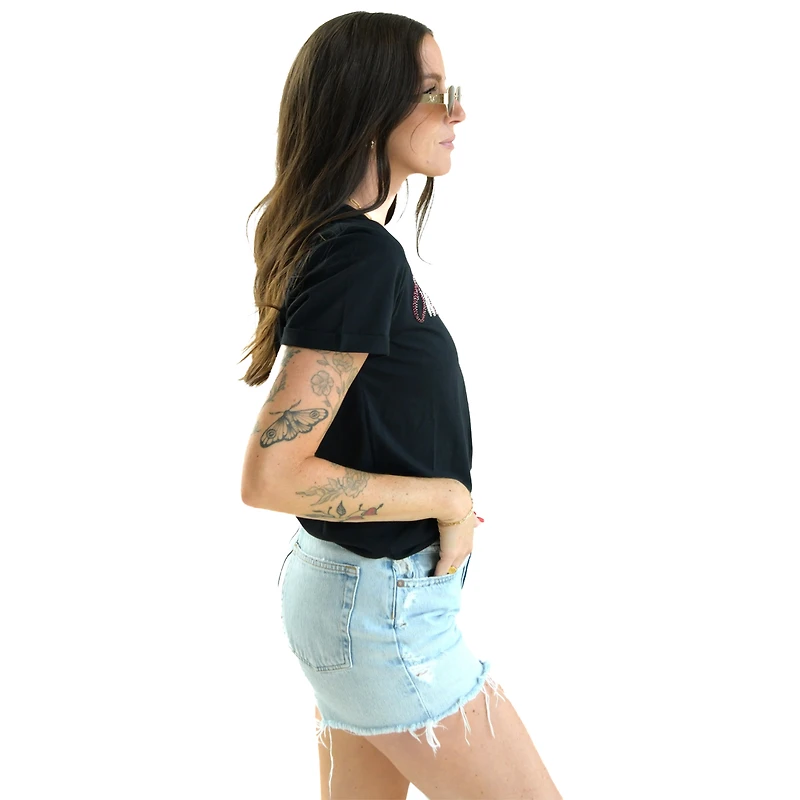 T-shirt noir pour femme avec inscription en perles cousues à la main Ohio State Buckeyes