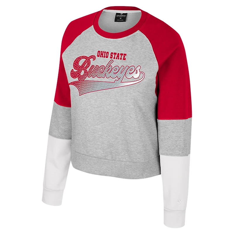 Sweat-shirt à col rond et strass Katinka pour femme Colosseum Heather Grey Ohio State Buckeyes