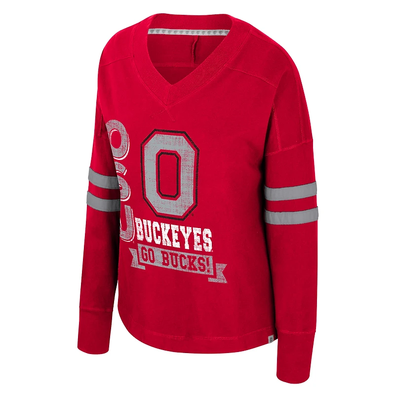 T-shirt à manches longues et col en V violet surdimensionné pour femme, motif Colosseum Scarlet Ohio State Buckeyes