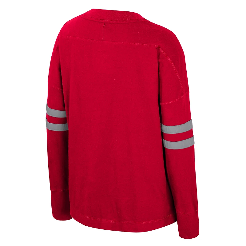 T-shirt à manches longues et col en V violet surdimensionné pour femme, motif Colosseum Scarlet Ohio State Buckeyes