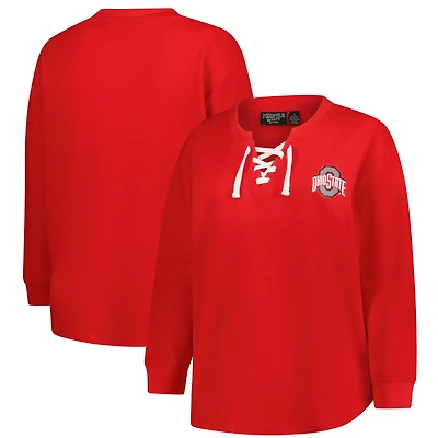 Women's Fanatics Scarlet Ohio State Buckeyes Lace-Up Waffle Knit Plus Long Sleeve T-Shirt
