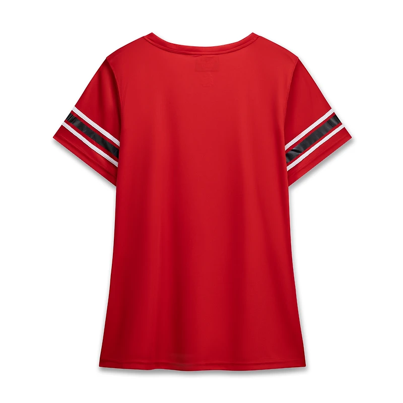 T-shirt en jersey à lacets avec empiècements maille et logo Ohio State Buckeyes pour femmes, grande taille, de la marque Fanatics Scarlet.