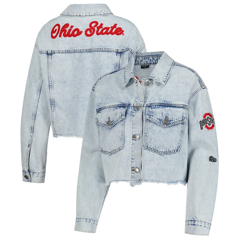 Women's Hype and Vice Denim Ohio State Buckeyes Lightwash Cropped Button-Up Jean Jacket