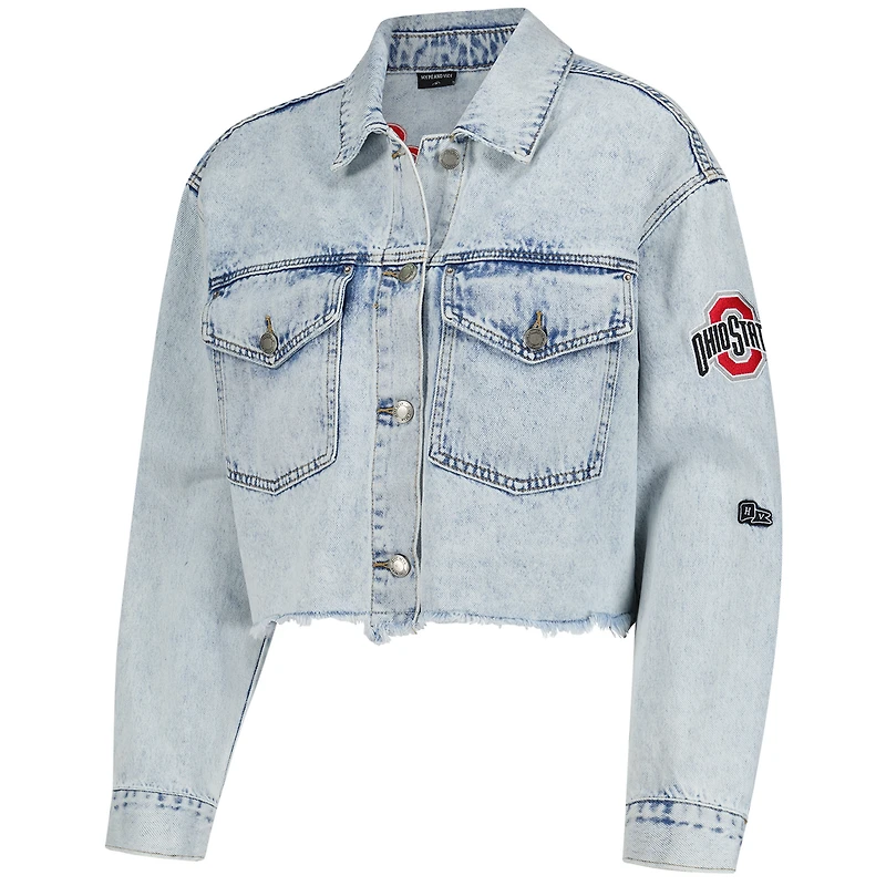 Veste courte boutonnée en jean délavé clair des Ohio State Buckeyes pour femme de Hype and Vice Denim