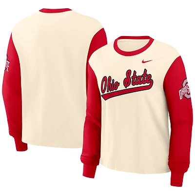 Women's Nike Natural/Scarlet Ohio State Buckeyes Color-Block Boxy Long Sleeve T-Shirt