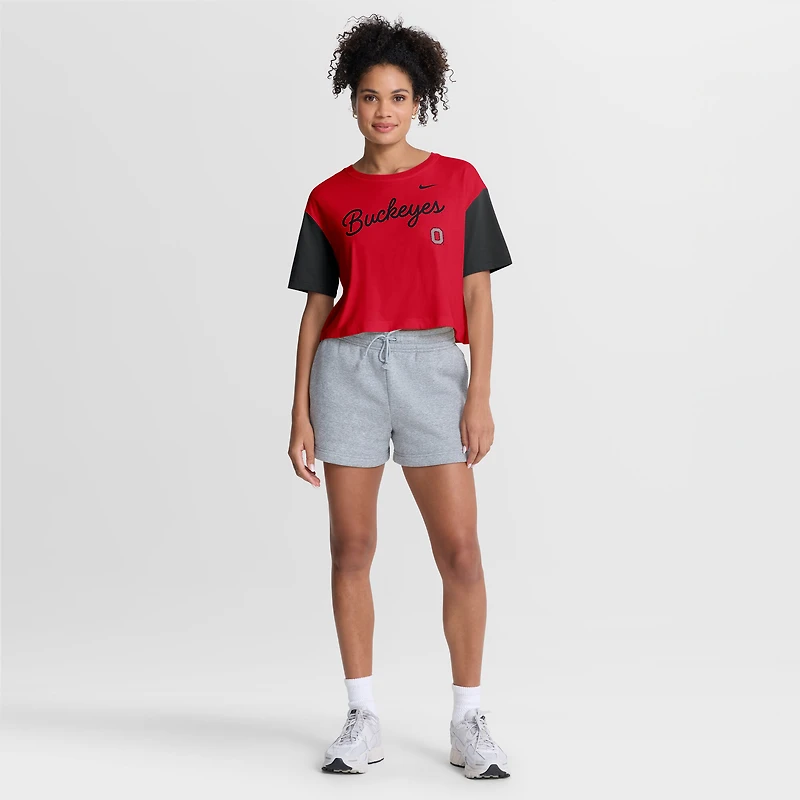 Women's Nike Scarlet/Black Ohio State Buckeyes Color-Block Script Dri-FIT Cropped T-Shirt