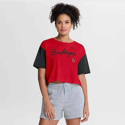 T-shirt court Nike Dri-FIT pour femme, color-block, écarlate/noir, Ohio State Buckeyes