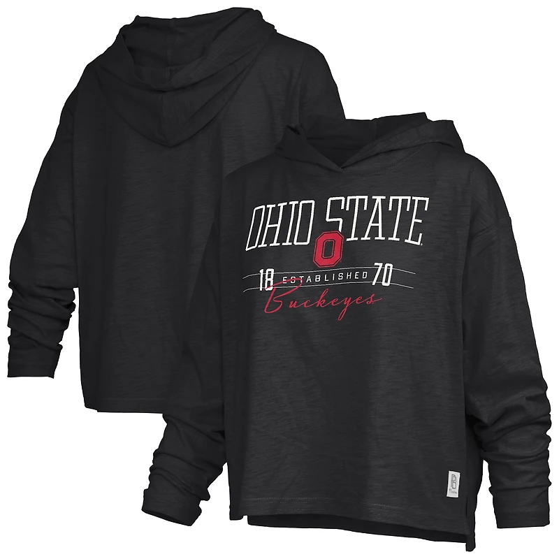 T-shirt à capuche manches longues et taille basse en jersey flammé écarlate des Ohio State Buckeyes de Pressbox pour femmes