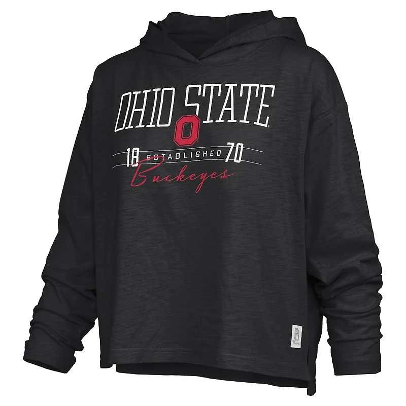 T-shirt à capuche manches longues et taille basse en jersey flammé écarlate des Ohio State Buckeyes de Pressbox pour femmes