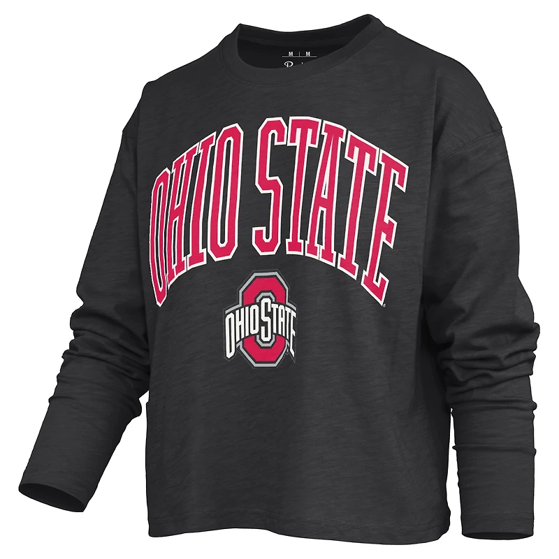 T-shirt à manches longues et coupe carrée pour femme, style Pressbox, noir, Ohio State Buckeyes Motley.
