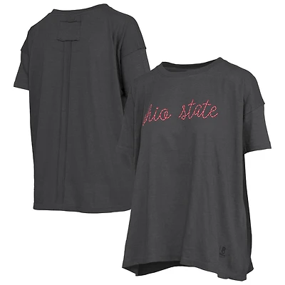 Women's Pressbox Heather Black Ohio State Buckeyes Swirl Script Twisted Team Color Stitched Oversized T-Shirt