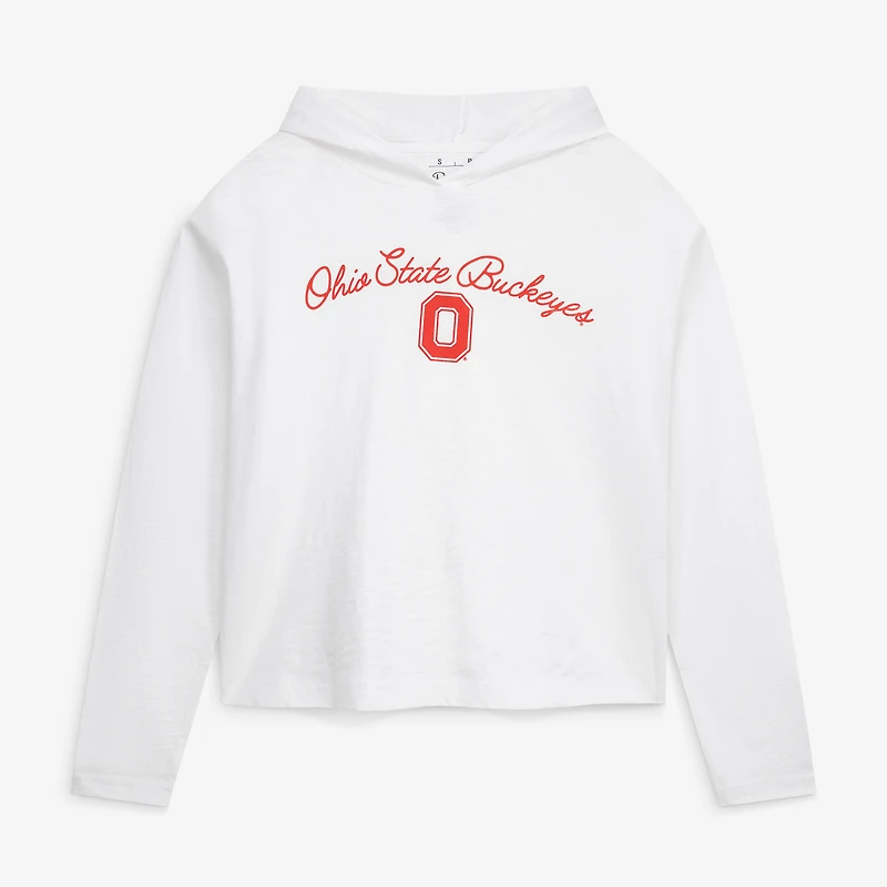 T-shirt à capuche manches longues en jersey flammé blanc Pressbox pour femmes, Ohio State Buckeyes Faye