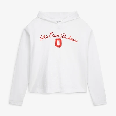 T-shirt à capuche manches longues en jersey flammé blanc Pressbox pour femmes, Ohio State Buckeyes Faye