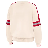 Women's WEAR by Erin Andrews  Cream Ohio State Buckeyes Chenille Woven Patch Stripe Pullover Sweater