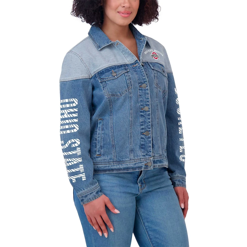 Women's WEAR by Erin Andrews Denim Ohio State Buckeyes Sleeve Hit Colorblock Button-Down Jacket