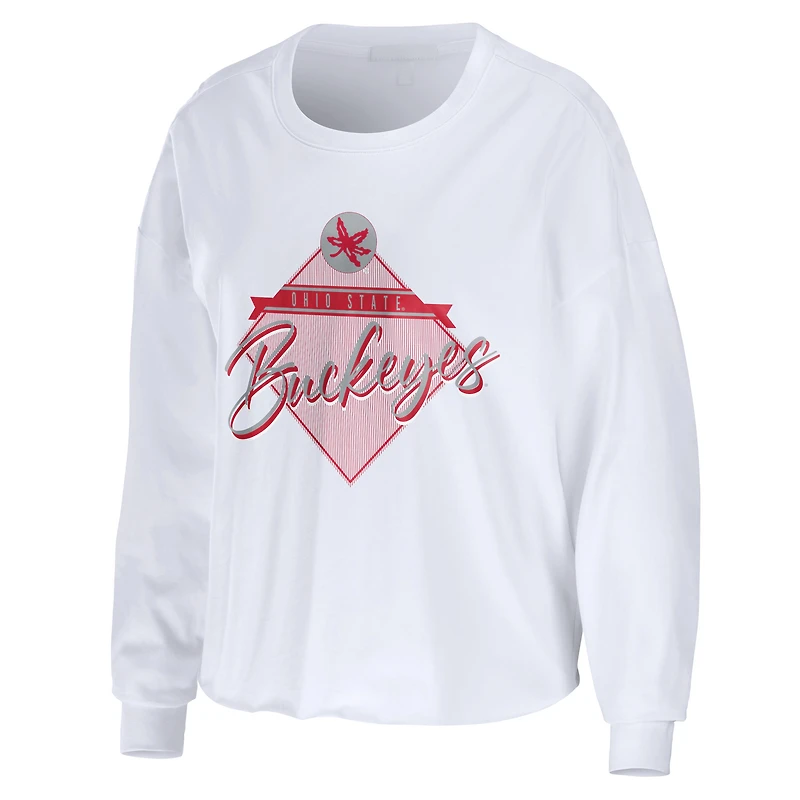 Women's WEAR by Erin Andrews White Ohio State Buckeyes Diamond Long Sleeve Cropped T-Shirt