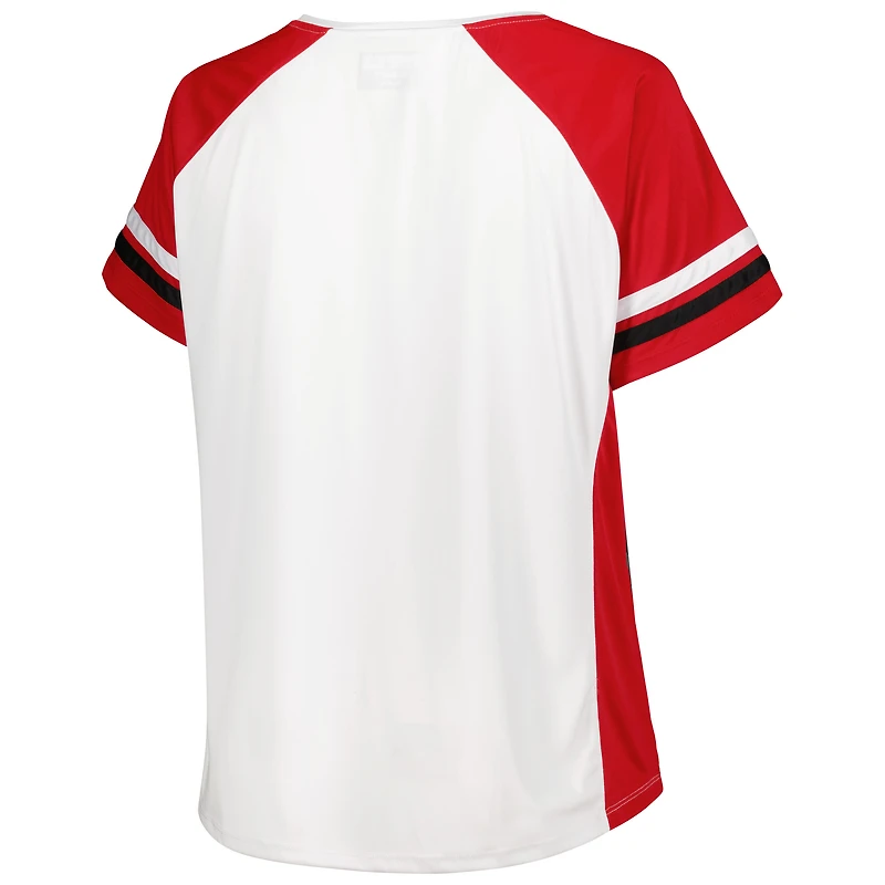 T-shirt Ohio State Buckeyes grande taille blanc pour femme à col cranté et rayures raglan