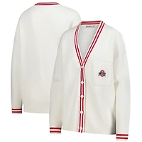 Cardigan boutonné rayé en tricot crème ZooZatz pour femme, Ohio State Buckeyes