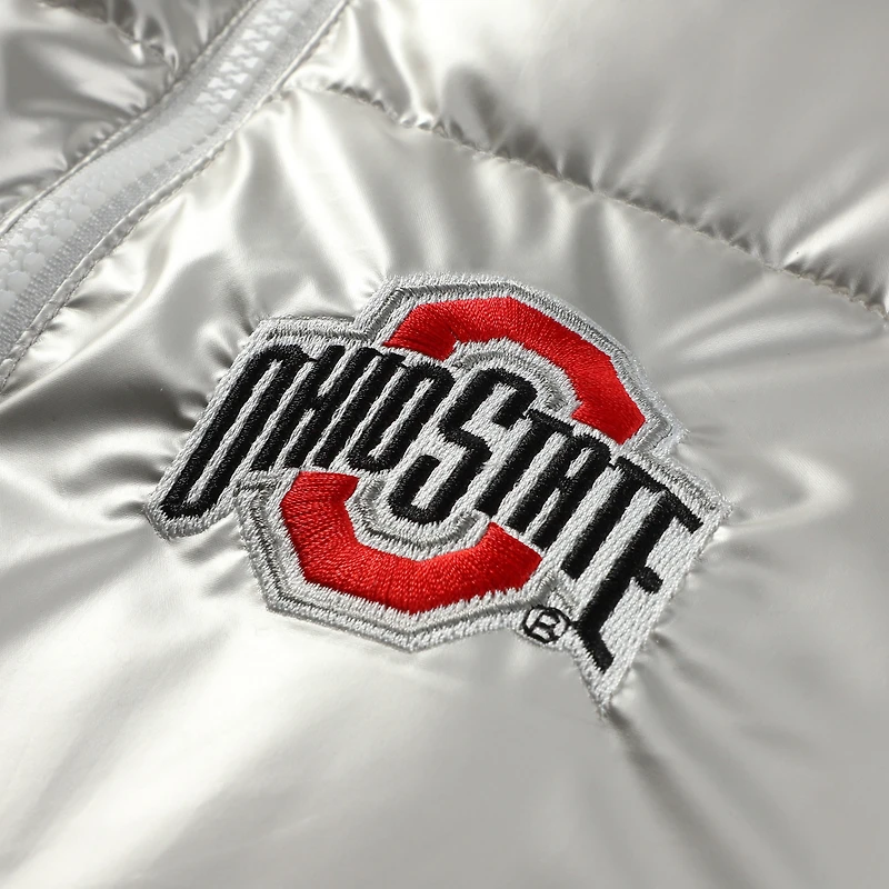 Women's ZooZatz Silver Ohio State Buckeyes Metallic Cropped Full-Zip Sleeveless Puffer Vest