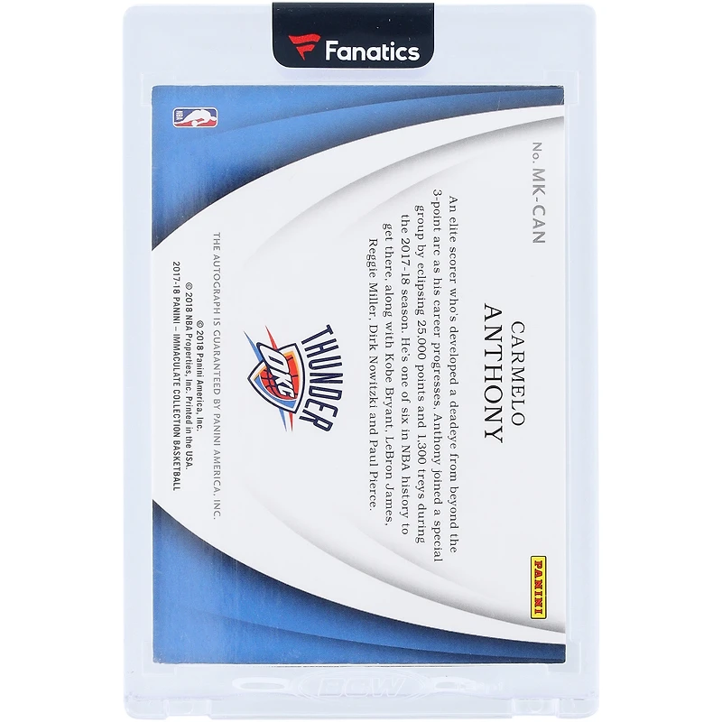 Carte autographiée de Carmelo Anthony (Oklahoma City Thunder) 2017-18 Panini Immaculate Collection Modern Marks Platinum #MK-CAN #1/1