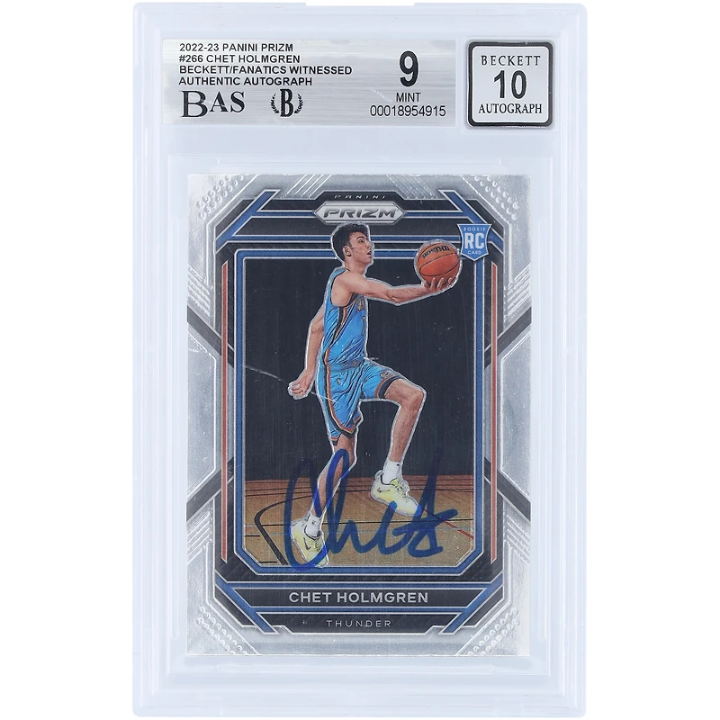Carte de recrue autographiée Chet Holmgren (Oklahoma City Thunder) 2022-23 Panini Prizm n° 266 Beckett, certifiée 9/10 par Fanatics Witnessed