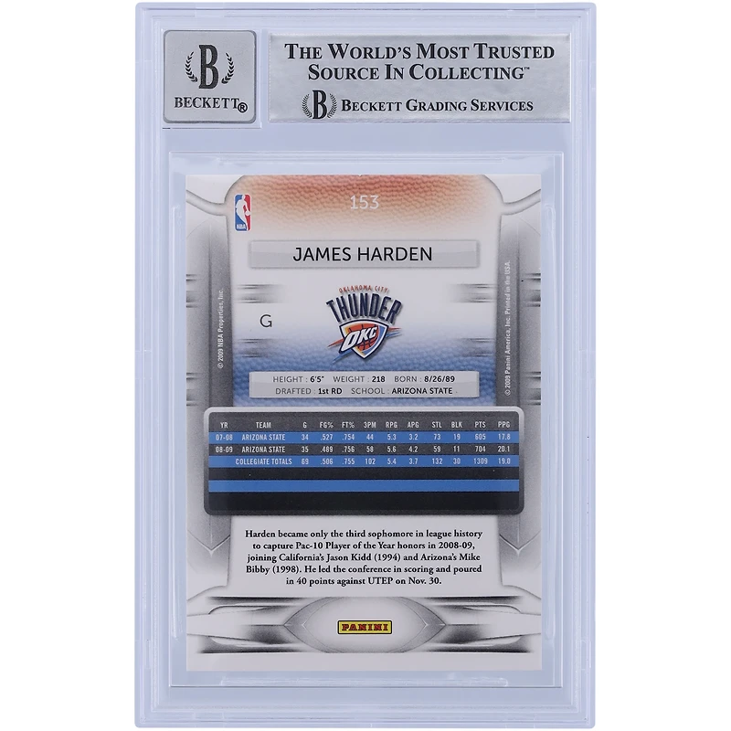 Carte de recrue Panini Prestige #153 autographiée 2009-10 de James Harden Oklahoma City Thunder Beckett Fanatics Witnessed Authenticated 10