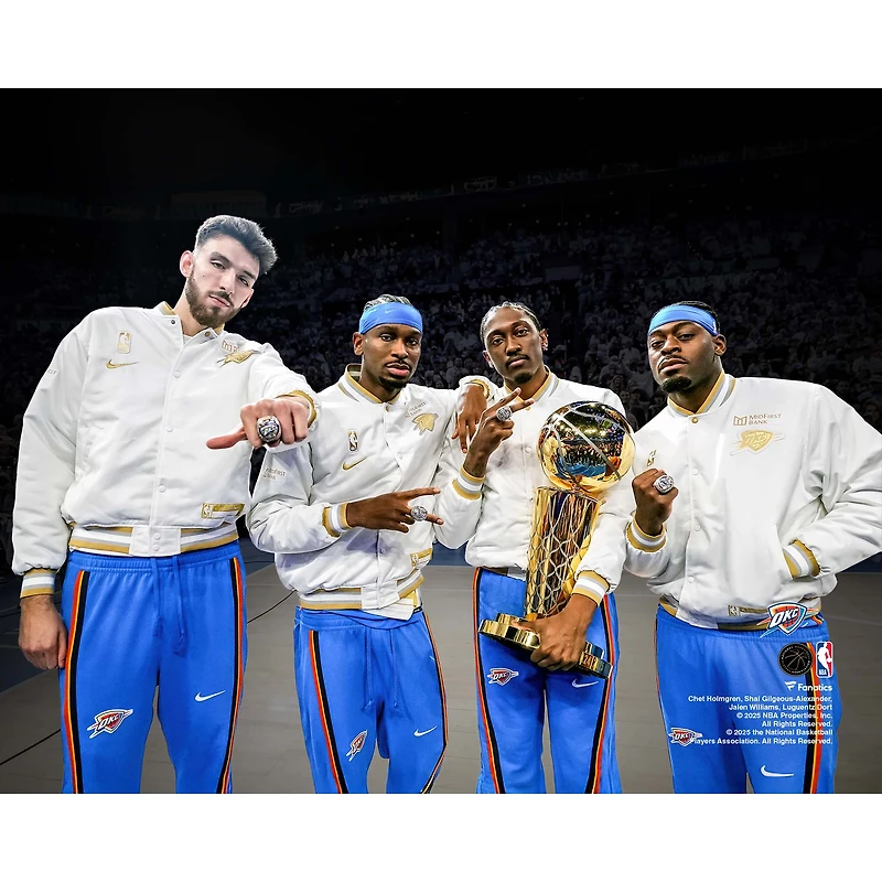 Shai Gilgeous-Alexander, Jalen Williams, Chet Holmgren & Luguentz Dort Oklahoma City Thunder Unsigned 2025 NBA Championship Rings Larry O'Brien Trophy Pose Spotlight Photograph