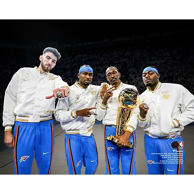 Shai Gilgeous-Alexander, Jalen Williams, Chet Holmgren & Luguentz Dort Oklahoma City Thunder Unsigned 2025 NBA Championship Rings Larry O'Brien Trophy Pose Spotlight Photograph