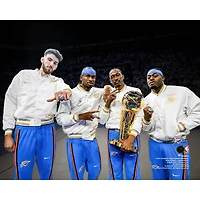 Shai Gilgeous-Alexander, Jalen Williams, Chet Holmgren & Luguentz Dort Oklahoma City Thunder Unsigned 2025 NBA Championship Rings Larry O'Brien Trophy Pose Spotlight Photograph